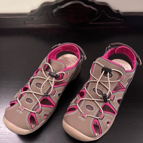 EDDIE BAUER Brown Pink Mary Leather Hiking Sandals Cinch Cord Water Women's Sz 7 - Picture 1 of 6